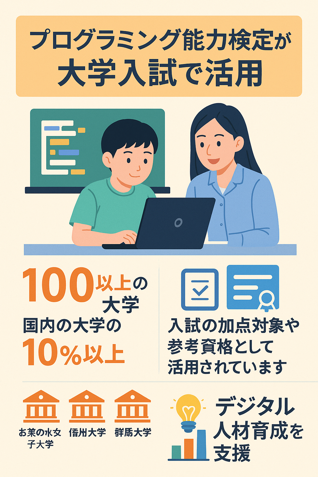 プログラミングの力が未来につながるイメージイラスト(PCと大学の架け橋)