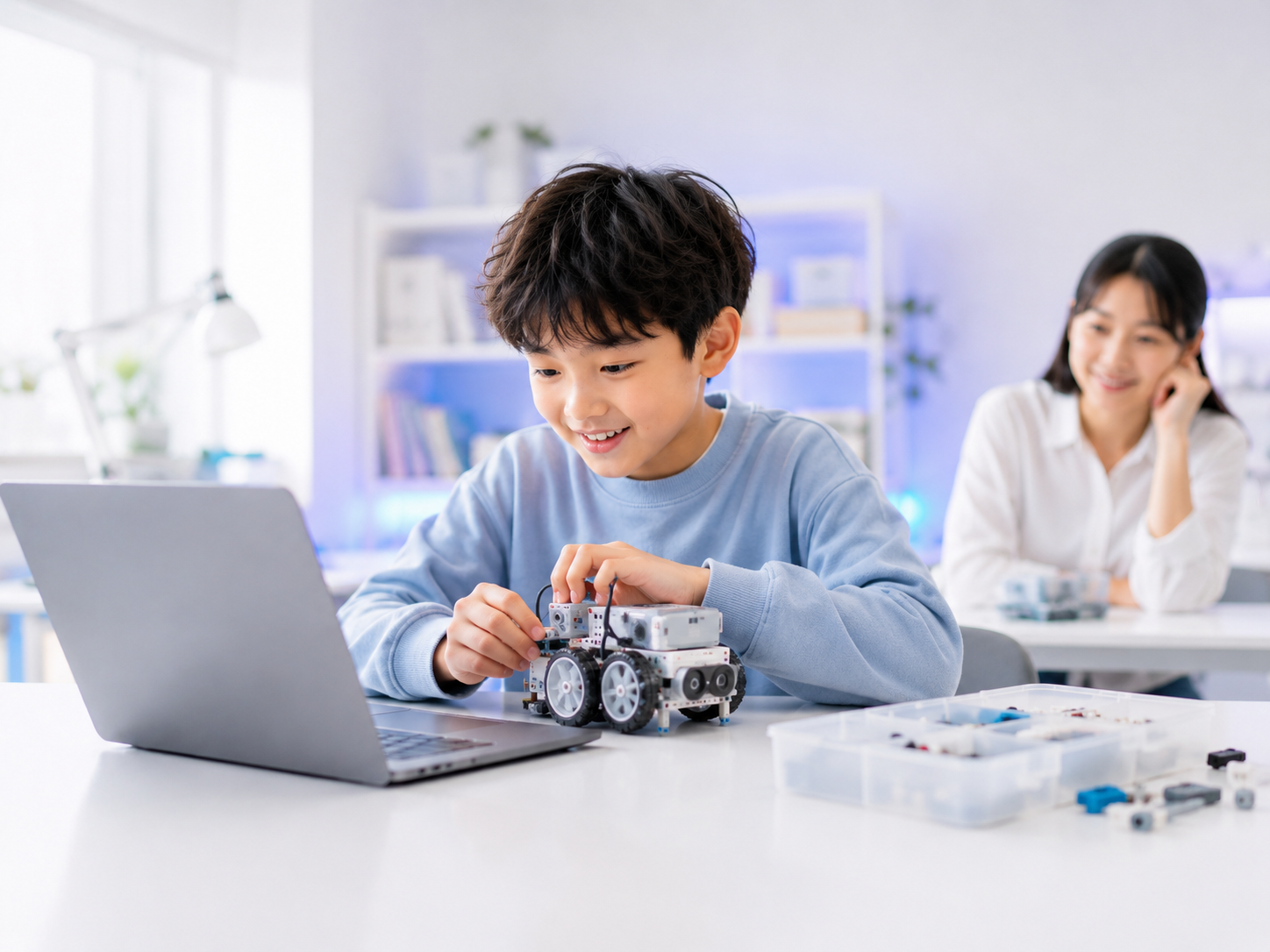 J’VALLEの体験授業で小学生がロボット教材とパソコンを使ってプログラミングに触れる様子