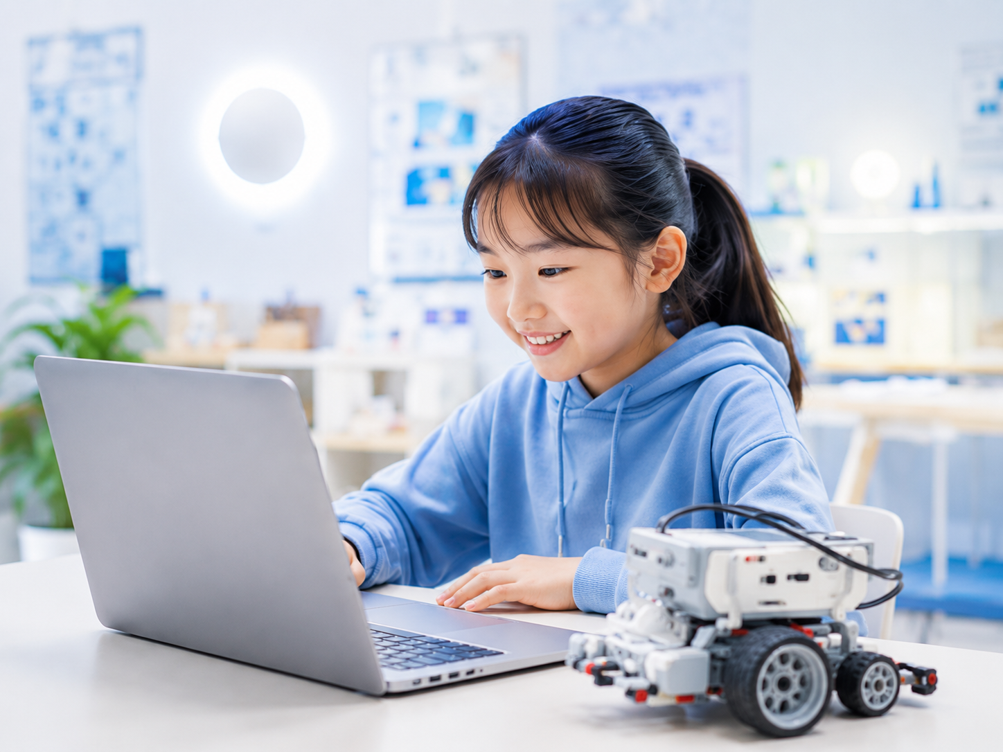 自分のペースでパソコンに向かいプログラミングを楽しく続ける小学生のイメージ