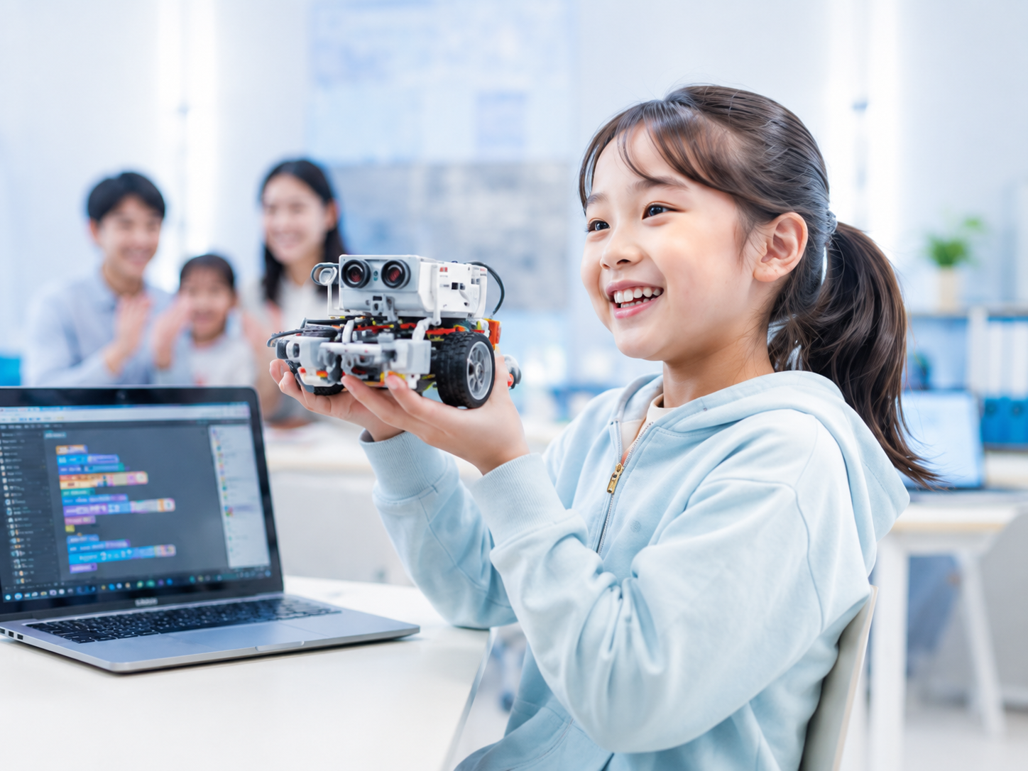 自分で作ったプログラムや作品を家族や友だちに見せる小学生のイメージ