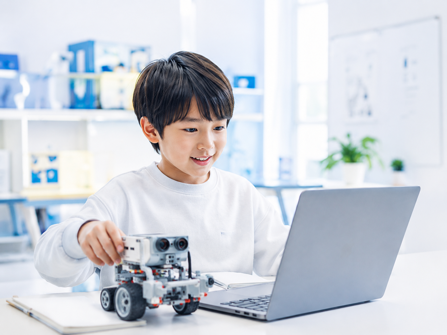 ロボット教材に興味を持ちながらプログラミング体験を始める小学生のイメージ