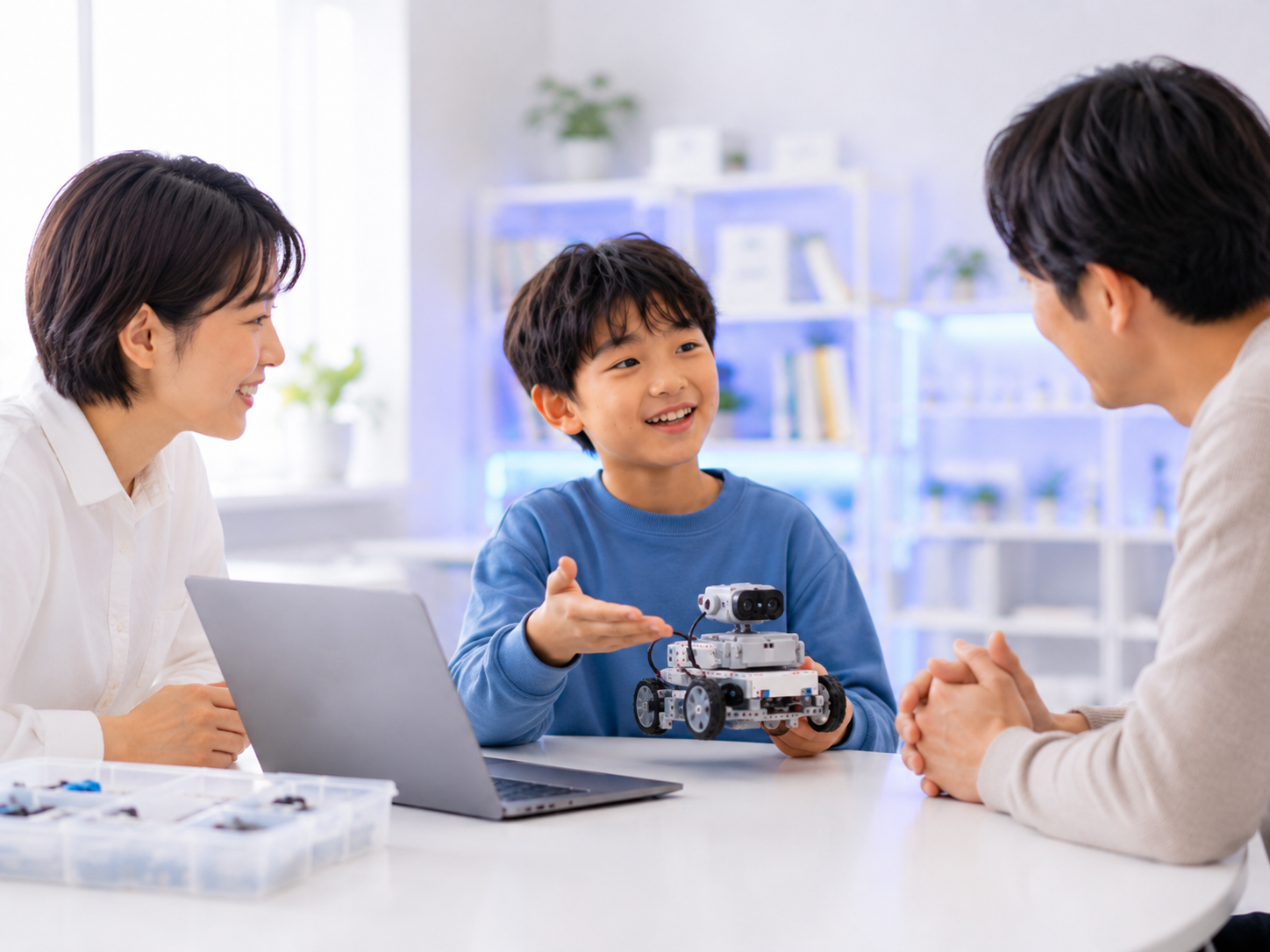 子ども同士や講師と一緒に作品を見せ合いながら学ぶプログラミング教室のイメージ