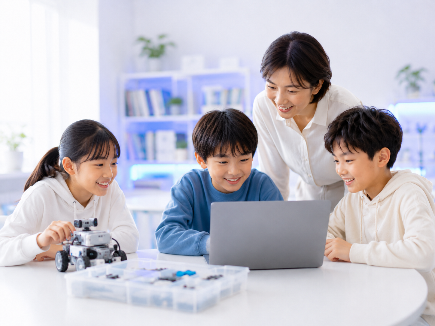 少人数の個別指導形式で講師が小学生のプログラミング学習をサポートするイメージ