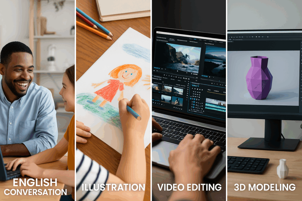 英会話・イラスト・3Dモデリング・動画編集など多彩な習い事を共同運営できるイメージ画像。
