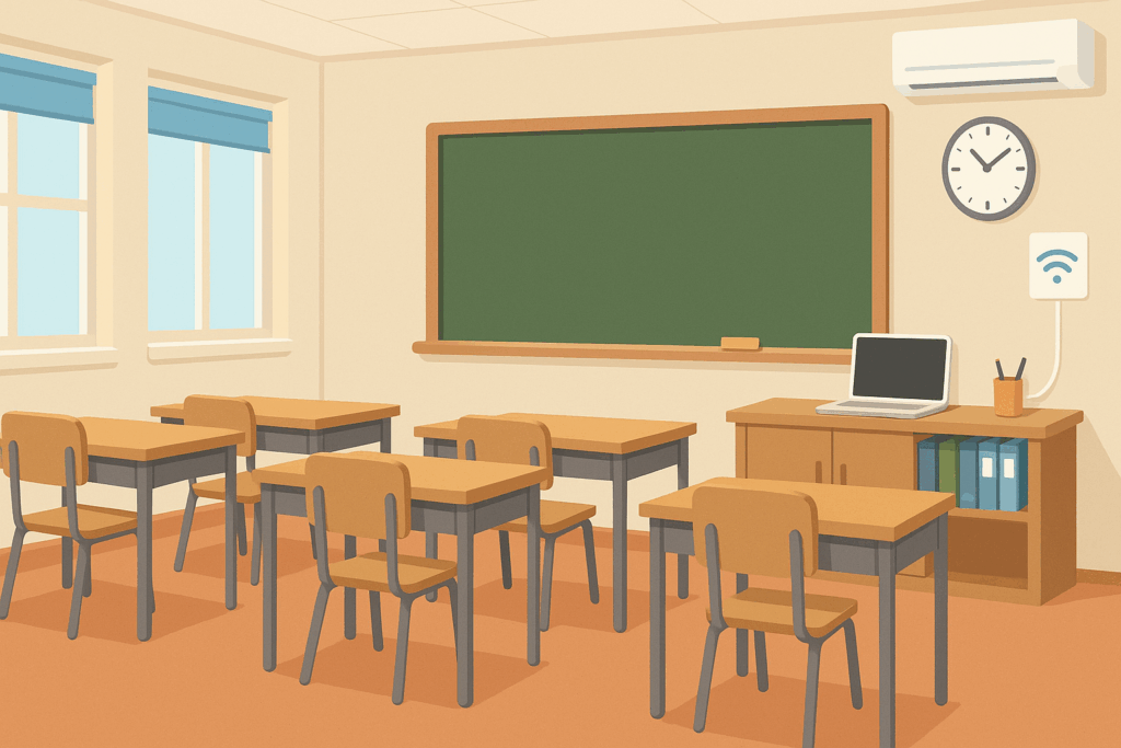 共有スペース・机・Wi-Fi環境など教室設備の写真。